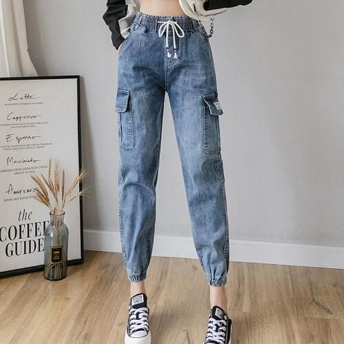 High Waist Cargo Jeans Woman Streetwear Plus Size Blue Mom jeans Ladies women pockets Denim pants Loose jeans mujer