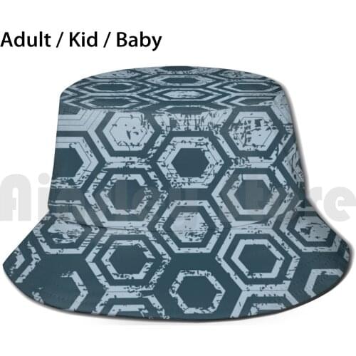 Worn Hexagons | Blue Sun Hat Foldable UV Protection Monotone Geometrical Grid Geometric Distressed Worn Grunge Hexagons