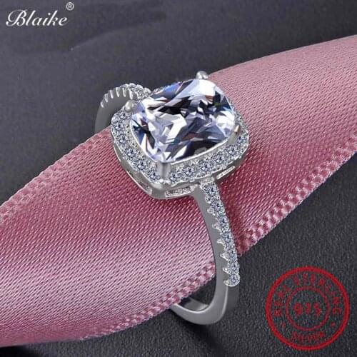 Blaike 100% Solid s925 Sterling Silver Rings For Women Princess Square Zircon Amethyst Sapphire Birthstone Ring Female Wedding