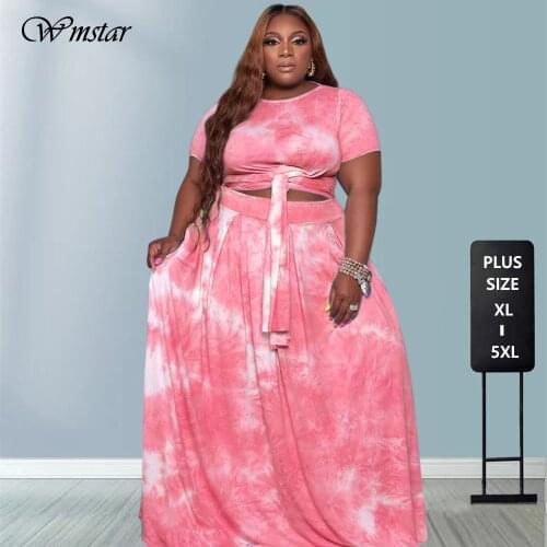 Plus Size Two Piece Set Women Summer Clothing Tie Dye Fashion Streetwear Bandage Crop Top Maxi Skirt Suit Wholesale Dropshipping