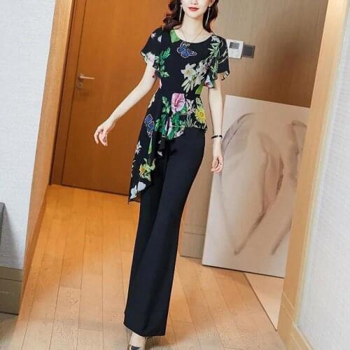 Suit Female Fashion Summer Pantsuits 2 Piece Woman Set Elegant Chiffon Print Irregular Top & Flare Pants Office Lady Clothes