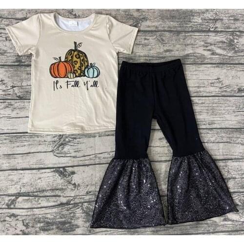Lovely Baby Toddler Girls Children Clothing Long Sleeves pumpkin printed Tops Bell BottomsSet Boutique Kids Clothing-Sets