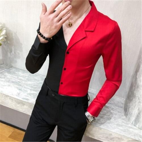 Mens Clothing Long Sleeve Men Shirt Social Black Patchwork Red Designer Shirts Men Slim Fit Camisa Streetwear koszule meski 2020