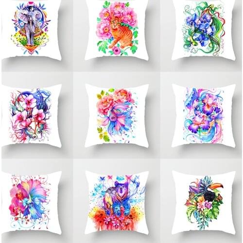 Watercolor flowers and animals Cushion Cover 45X45 Linen Pillowcase Rabbit Peacock Tiger Decorative Throw Pillows Sofa Cushions