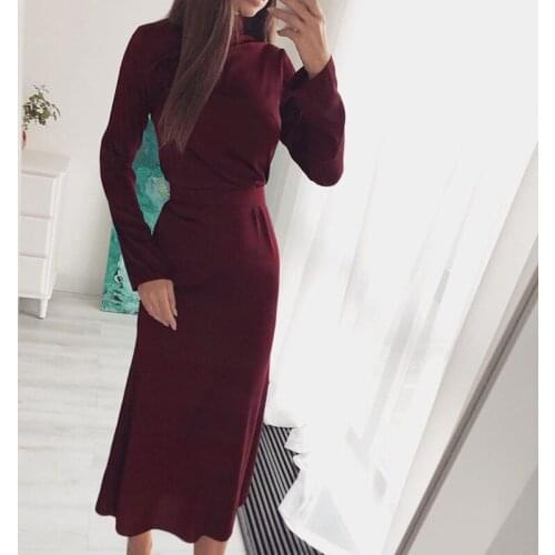 Autumn Women Stand Neck Long Sleeve Slim Dress Elegant Solid Lace-Up Female Maxi Dress Casual Ladies Overalls Streetwear Vestido