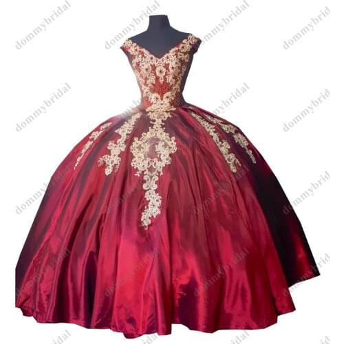 Amazing Gold Lace Beaded Burgundy Satin V neck Long Cheap Quinceanera Dresses Sweet 15 16 XV Prom Formal Graduation Dress Corset