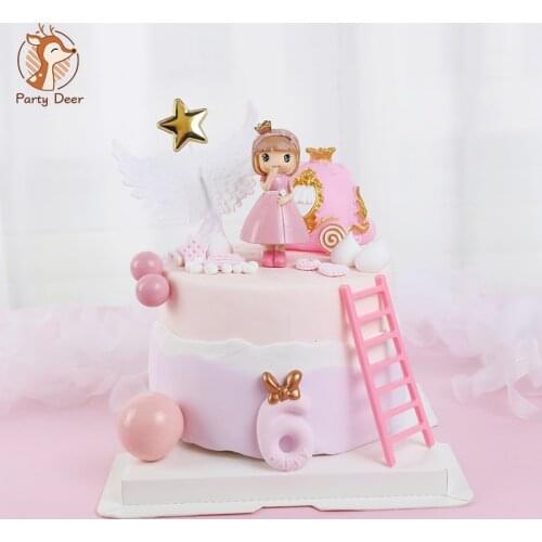 Pink Castle Girl Bow little Princess pumpkin car Girls Happy Birthday Cake Topper Kid Party Supplies Pink Love Gifts