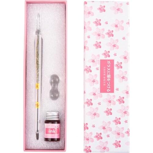 1Set Ink Pen Dried Flower Design Collection Handmade Crystal Glass Signature Dip Pen for Calligraphy Writing Ink Gift Box Set