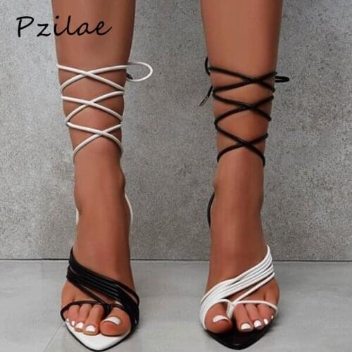 Pzilae Summer women sandals ladies white black strappy high heel gladiator sandals pointed toe lace-up sexy female party shoes