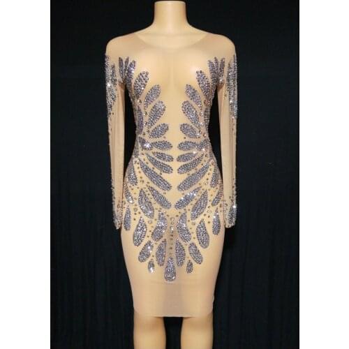 Sexy Transparent Rhinestones Crystals Mini Dresses for Women Dance Wear Mesh Performance Evening Stretch Costumes Outfit