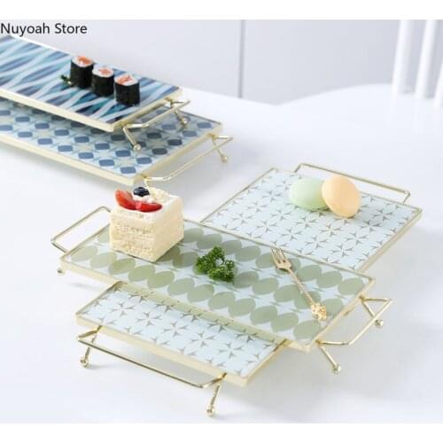 Nordic Dinner Plate Gold-plated Iron Art Stained Glass Storage Tray Sushi Dessert Plate Tray Square Storage Tray Shooting Props