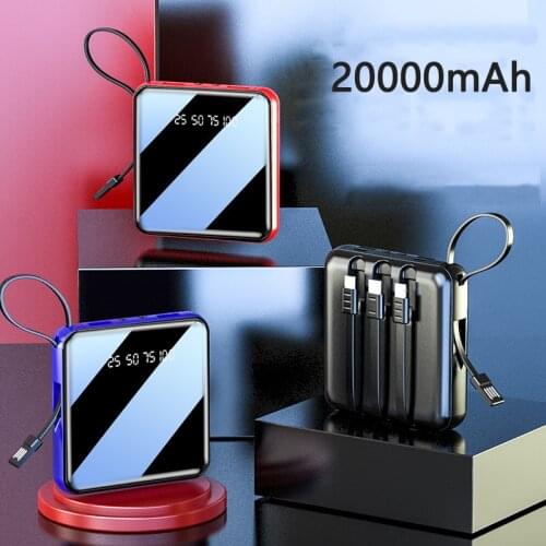 Power Bank 20000mAh Built in Cable Portable Charger External Battery For Xiaomi mi 8 iPhone 12 Samsung S10 S20 Mini Poverbank