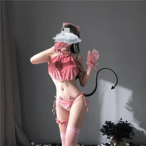 Japanese Sexy Lingerie Bunny Girl Cosplay Costume Velvet Bellyband Pink Cute Cat Bell Underwear Set Maid Uniform with Gloves Set