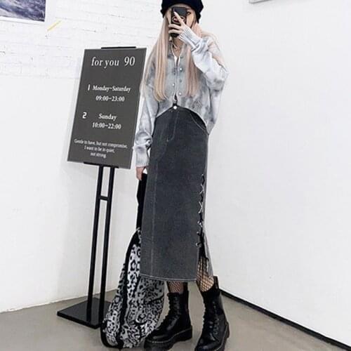 Womens Slit Lace Skirts Mid-length Summer New Style Korean Fashion High Waist Denim Skirt Wrap Arm Met Y2k Kawaii Harajuku