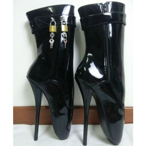 2019 New Extreme 18cm 7" High Spike Heel Padlocks Sexy Fetish Fashion Thin Heel Pu Leather Lockable Ankle Strap Ballet Boots