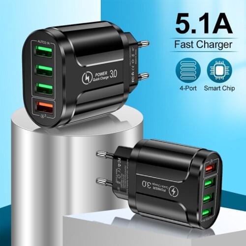 EU/US Plug USB Charger 5.1A Quick Charge 3.0 Mobile Phone Charger For iPhone 11 Samsung Xiaomi 4 Port 48W Fast Wall Chargers
