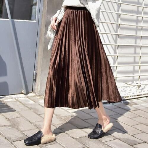 Womens Vintage Pleated Midi Long pleated Skirt Female Korean Casual High Waist Golden velvet A-Skirts Jupe Faldas Solid Colors