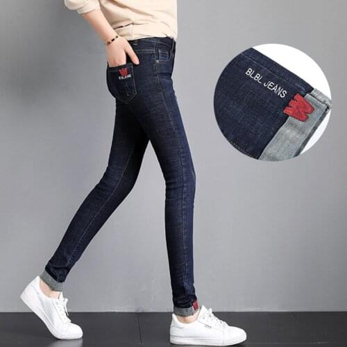 Woman Jeans Pants Autumn And Winter Jeans Womens Elastic Mid-Waist Skinny Dark Blue Pants Embroidery Pantalones Vaqueros Mujer
