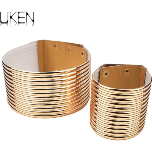 Leather Statement Choker Necklace Sets Women Vintage Chunky Collar Necklace Bracelets Set Adjustable African Jewelry UKEN