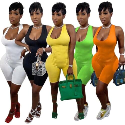 Adogirl Women Solid Casual Playsuit Cross Backless Halter Jumpsuit Highly Stretchy Biker Romper Summer Sexy Tracksuit Overall