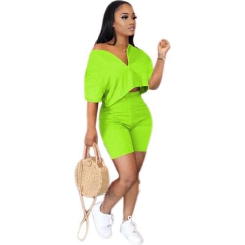 2020 Summer Women Home Tracksuits Short Sleeve Zipper V Neck Crop Tops+High Waist Shorts Fitness Two Piece Suit Outfits S-XXXL
