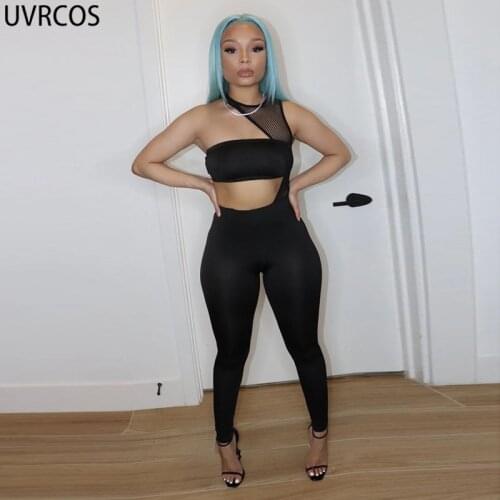 UVRCOS Womens Tracksuit 2 Piece Set Wholesale Summer Fashion Bodycon Short Mesh See Through Crop Top Leggings Females Playsuit