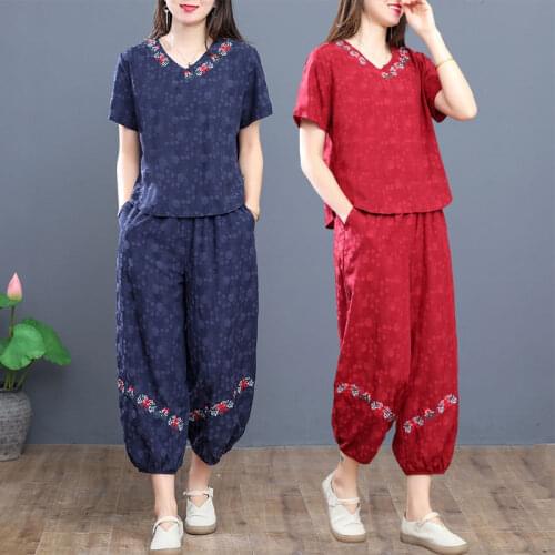 2021 Ethnic Style Vintage Casual Women Suit Summer Short-sleeve Top and Loose Pants Sets Plus Size Two-piece Suit Femme Y908