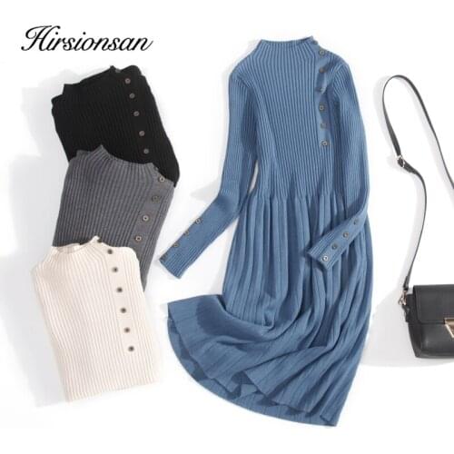 Hirsionsan Pleated Knitted Sweater Dress Women Solid Color Long Elegant Button Slim Bottoming High Waist Thicken Female Jumper