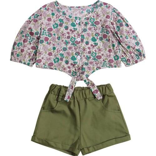 New Toddler Girls 2Pcs Summer Outfits, Short Sleeve Button Down Floral T-Shirts + Pocket Shorts Set