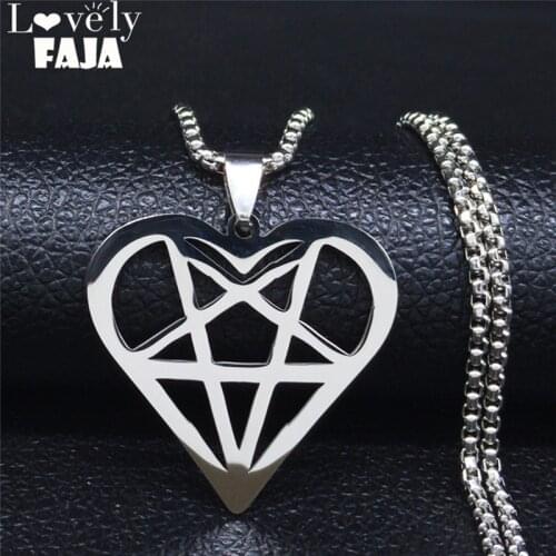 2021 Fashion Stainless Steel Satan Necklace for Women Silver Color Heart Pentagram Necklace Jewelry collares de moda N3113S03