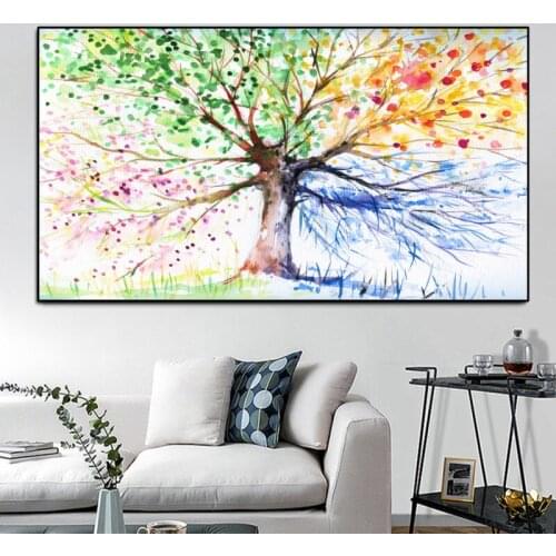 Poster Watercolor Tree and Flowers Abstract Rich Tree Canvas Painting Wall Pictures for Living Room Decor Cuadros Oil Painting