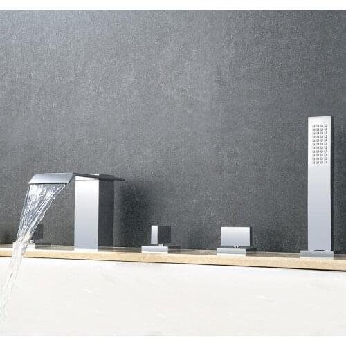 Free ship Modern 5pcs Chrome Deck Mounted square Waterfall Bathtub Bath Tub Faucet Handheld Set Brass