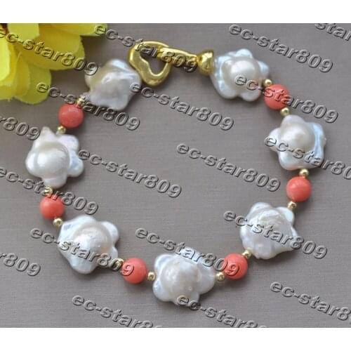 Z11206 8" White Plum-blossom Pearl Pink Coral Bead Bracelet Woman Fasion Jewellery