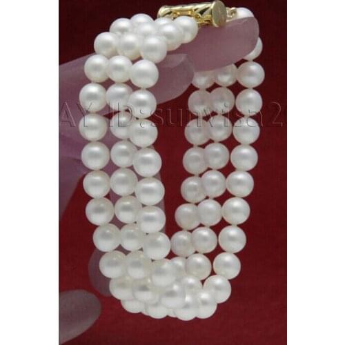 Hot sell AAA beautiful 3 row 7-8mm white fresh water round pearls bracelet 7.5-8 inch Jewelry bracelets word SHIPPING