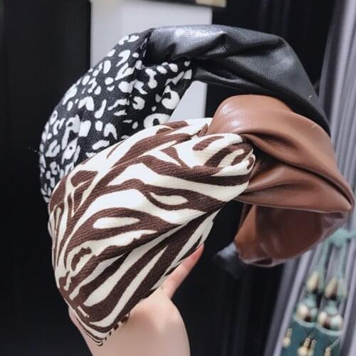 Leopard Zebra Pu Leather Headband Cross Knot Hairband Turban Adult Hair Accessories