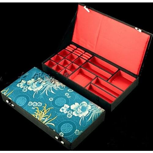 Chinese Silk Brocade Multi Grid Decorative Wooden Storage Boxes Jewelry Ring Earrings Bracelet Necklace Luxury Packaging Case