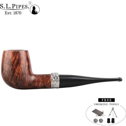 ▂ξ Smoker Straight Type Smoking Pipes Handmade By BriarRoot With Sliver Metal Ring 9mm Filters Gift Set FreeShipping