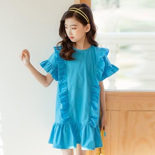 6 To 16 Years, 2021 New Summer Girls Dress Ruched Kids Clothes Ruffles 100% Cotton Teen Children Casual Dress,#6038