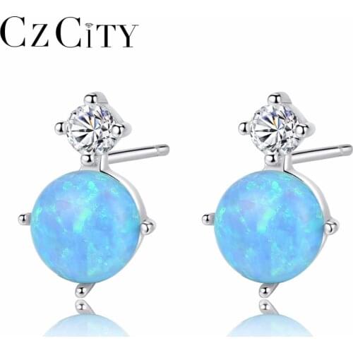 CZCITY Opal Cute Fake Earrings for Girls 925 Silver Blue Fire Opal Earring Studs Fine Jewelry Brincos Para As Mulheres SE0223