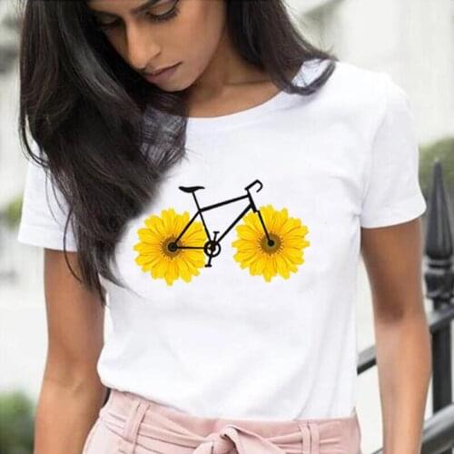 Fashion Sunflower Bike Print T Shirt Women Tops Summer Short Sleeve Hipster Tee Shirt Femme Casual Harajuku Shirt Camiseta Mujer