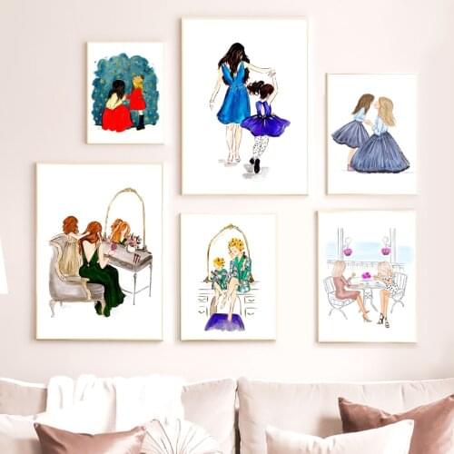 Fashion Mother Daughter Dress Make Up Flower Nordic Posters And Prints Wall Art Canvas Painting Wall Pictures For Living Room