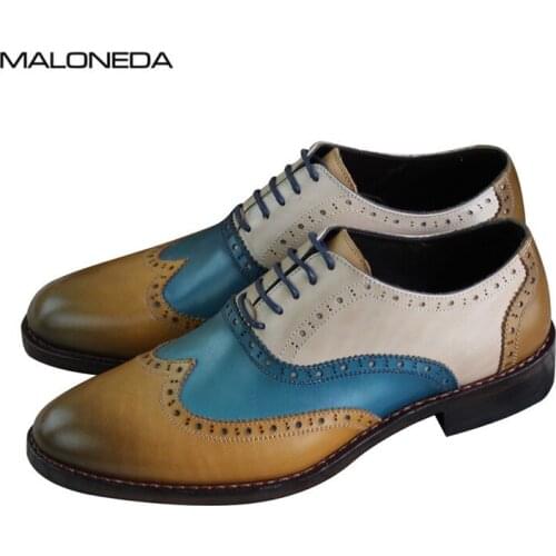 MALONEDA Handcraft Colored Handmade Goodyear Oxfords Leather Shoes Brogue Genuine Cow Leather Formal Shoes Bespoke for Male