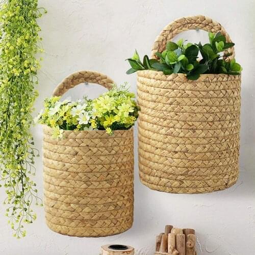 Seaweed Woven Storage Basket Rattan Garden Plant Flower Pot Straw Wall Hanging Vase Handmade Wicker Pot for Patio