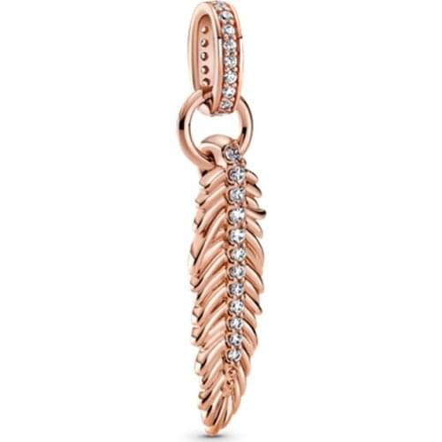 New Original Rose Gold Pink Feather Pendant Beads Fit European Pandora Charms Bracelet Bangles P672