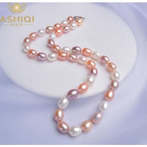 ASHIQI 8-9 mm Natural Freshwater Pearl Necklaces 925 Sterling silver Necklace clasp For women Wedding Jewelry
