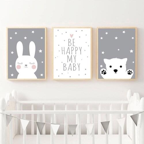 Cartoon Bear Wall Art Canvas Lovely Bunny Pictures Baby Nursery Posters Prints Painting Rabbit Bedroom Canvas Arts Decoration