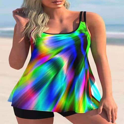 Plus Size Sporty Tankini Sets With Boy Shorts Swimwear Two Piece Swimsuit Tummy Control Print Colorful Push Up Bathing Suit