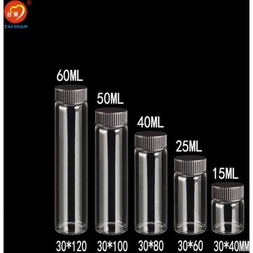 15ml 25ml 40ml 50ml 60ml Glass Bottles Plastic Cap Black Screw Transparent Glass Vials Plastic Wedding Bottle Jars Artware 50pcs