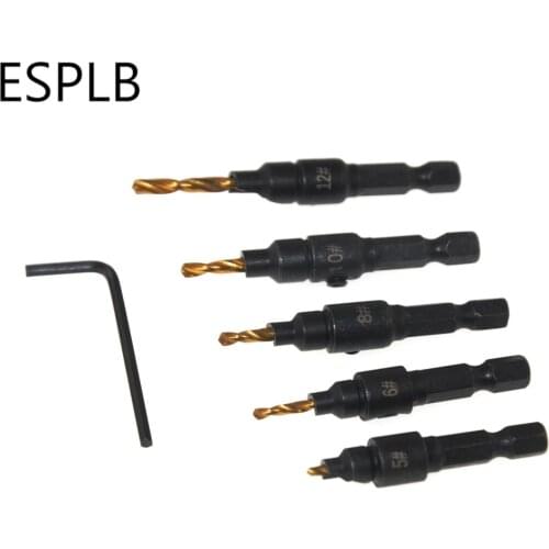 ESPLB 5pcs Countersink Drill Bit Counterbore for HSS Drill Woodworking Set Pilot Holes Screw Drilling #5 #6 #8 #10 #12