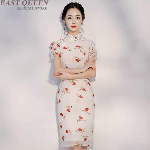 Traditional chinese clothing lady cheongsam qipao chiffon retro floral printed short sleeve party dress elegant AA3782 Y a